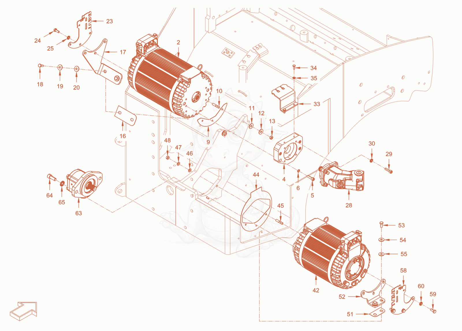 Exploded parts diagram of the pump drive and engine assembly of a Wacker Neuson RD24-100E, with numbered balloons