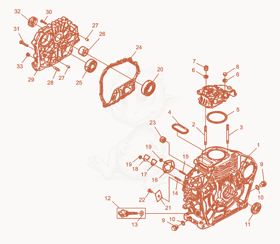 Exploded parts diagram of the Crankcase of a Wacker Neuson DPS1850Y, with numbered balloons