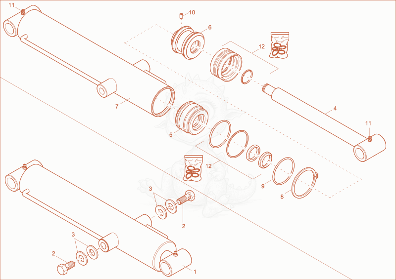 Exploded parts diagram of the tilt ram of a Wacker Neuson DW15E, with numbered balloons