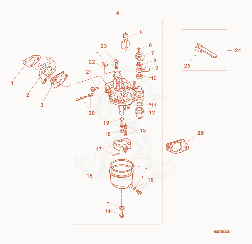 Despiece del Carburetor cpl. de una máquina Wacker Neuson RSS800A, con globos numerados