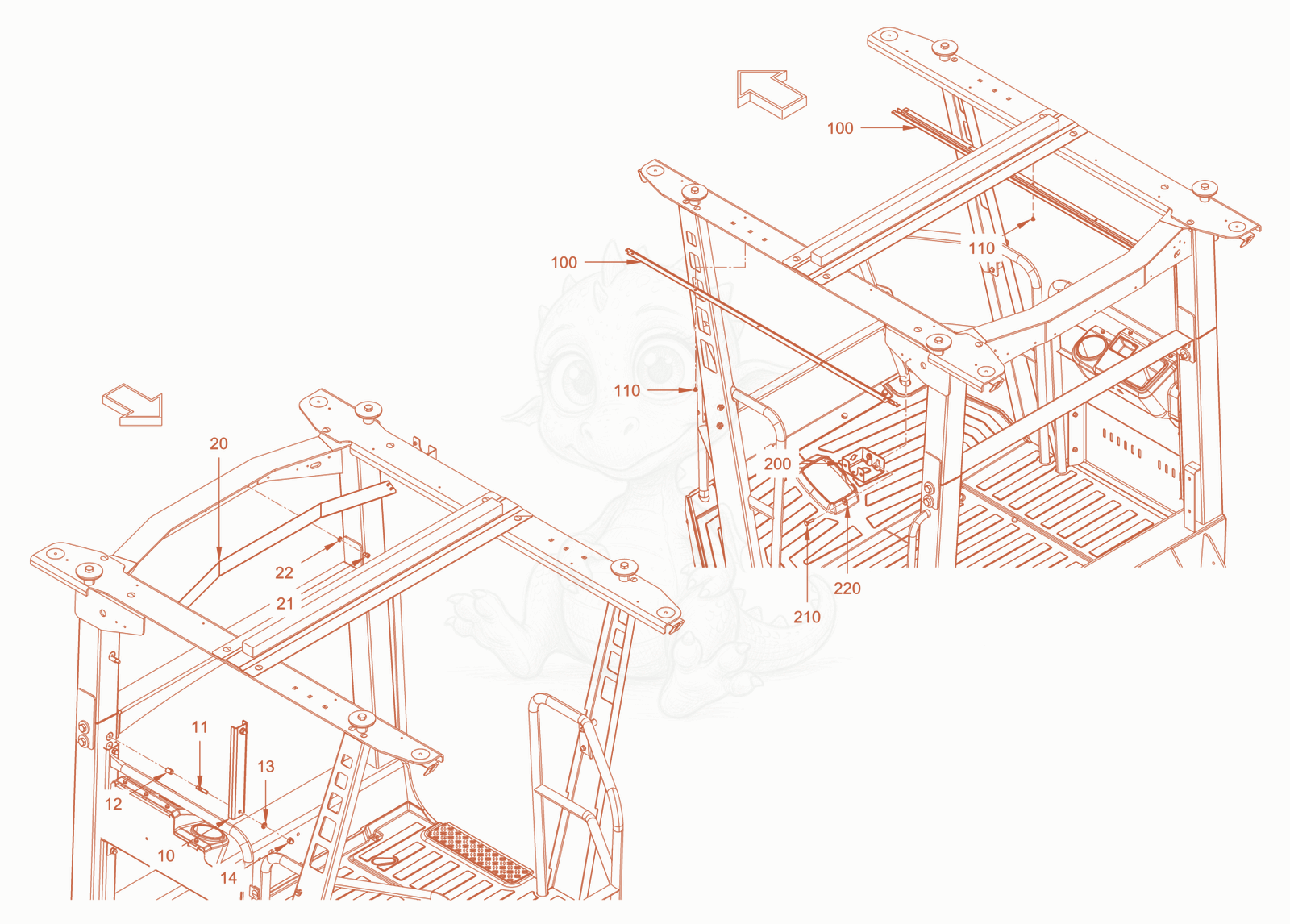 Exploded parts diagram of the additional lighting of a Wacker Neuson RC110CAB, with numbered balloons