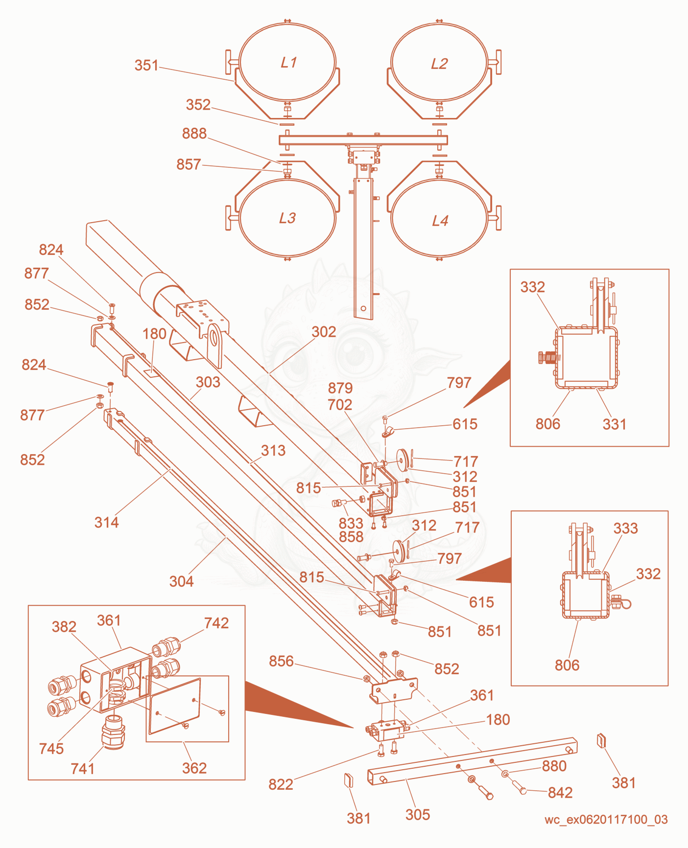 Exploded parts diagram of the Tower cpl./Connection Box of a Wacker Neuson LTN6K, with numbered balloons