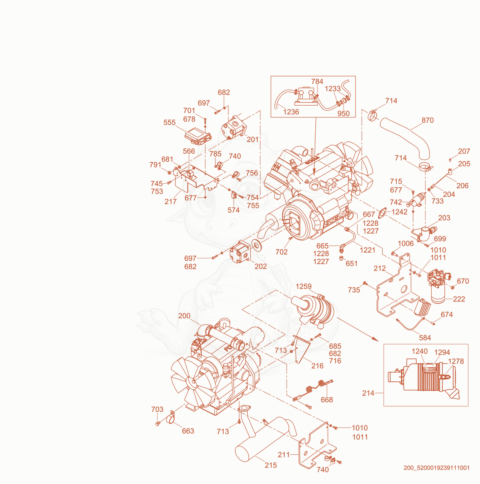 Exploded parts diagram of the Engine Compartment of a Wacker Neuson RTL82-SC3, with numbered balloons