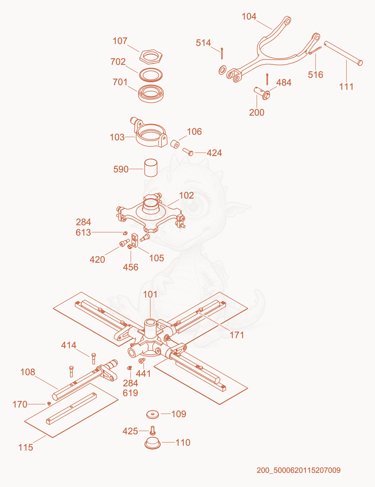 Exploded parts diagram of the Blade Mechanism-Right of a Wacker Neuson CRT36-25, with numbered balloons