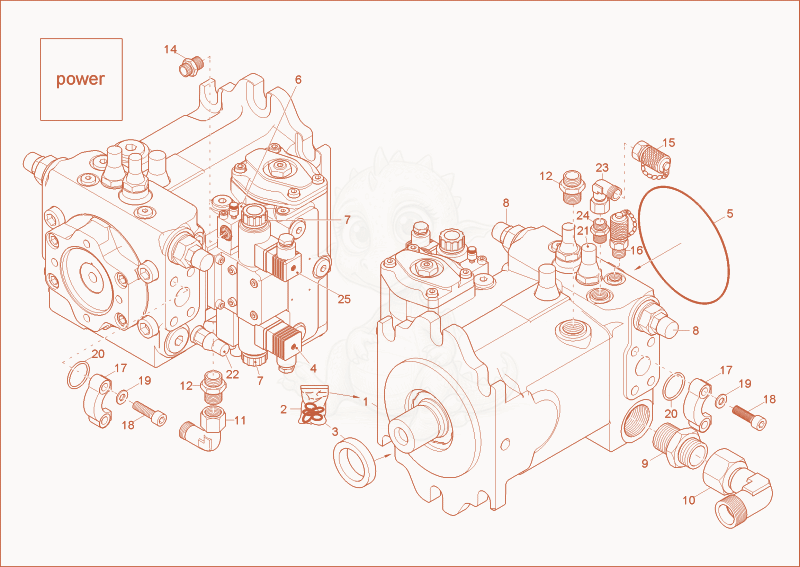 Despiece del displacement pump de una máquina Wacker Neuson 6001, con globos numerados