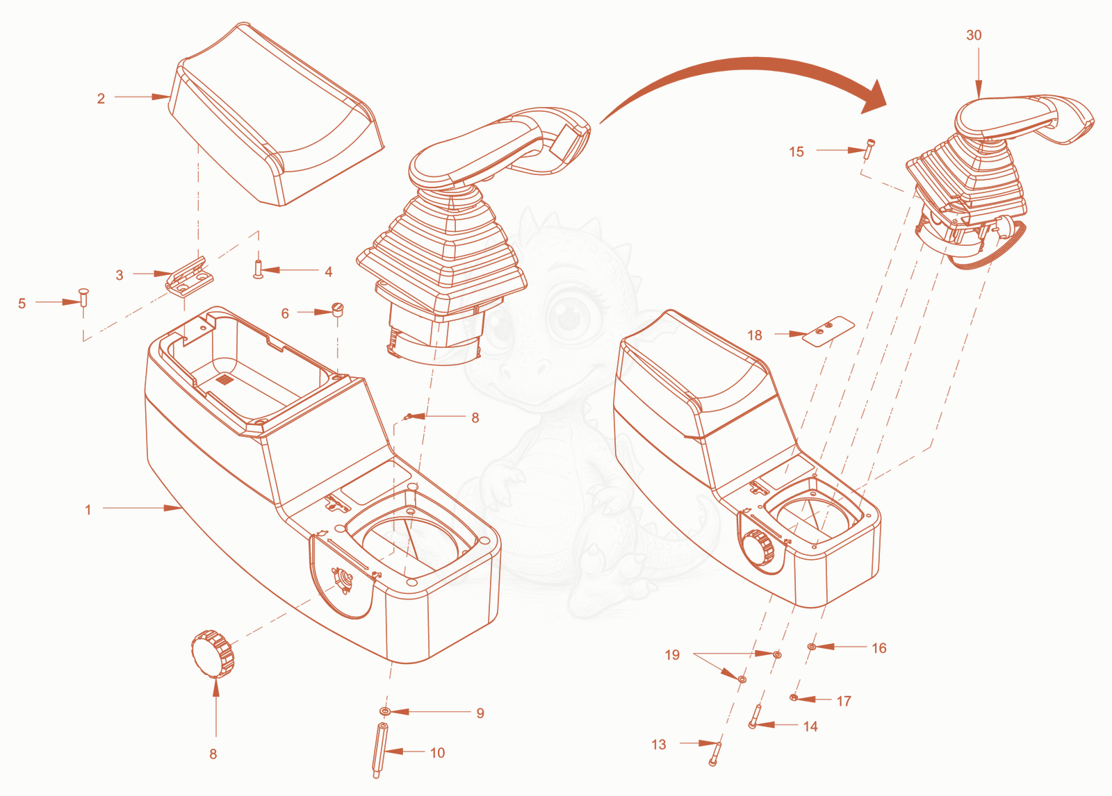 Exploded parts diagram of the operator's seat with adjustment of a Wacker Neuson RC110PUSROPS, with numbered balloons
