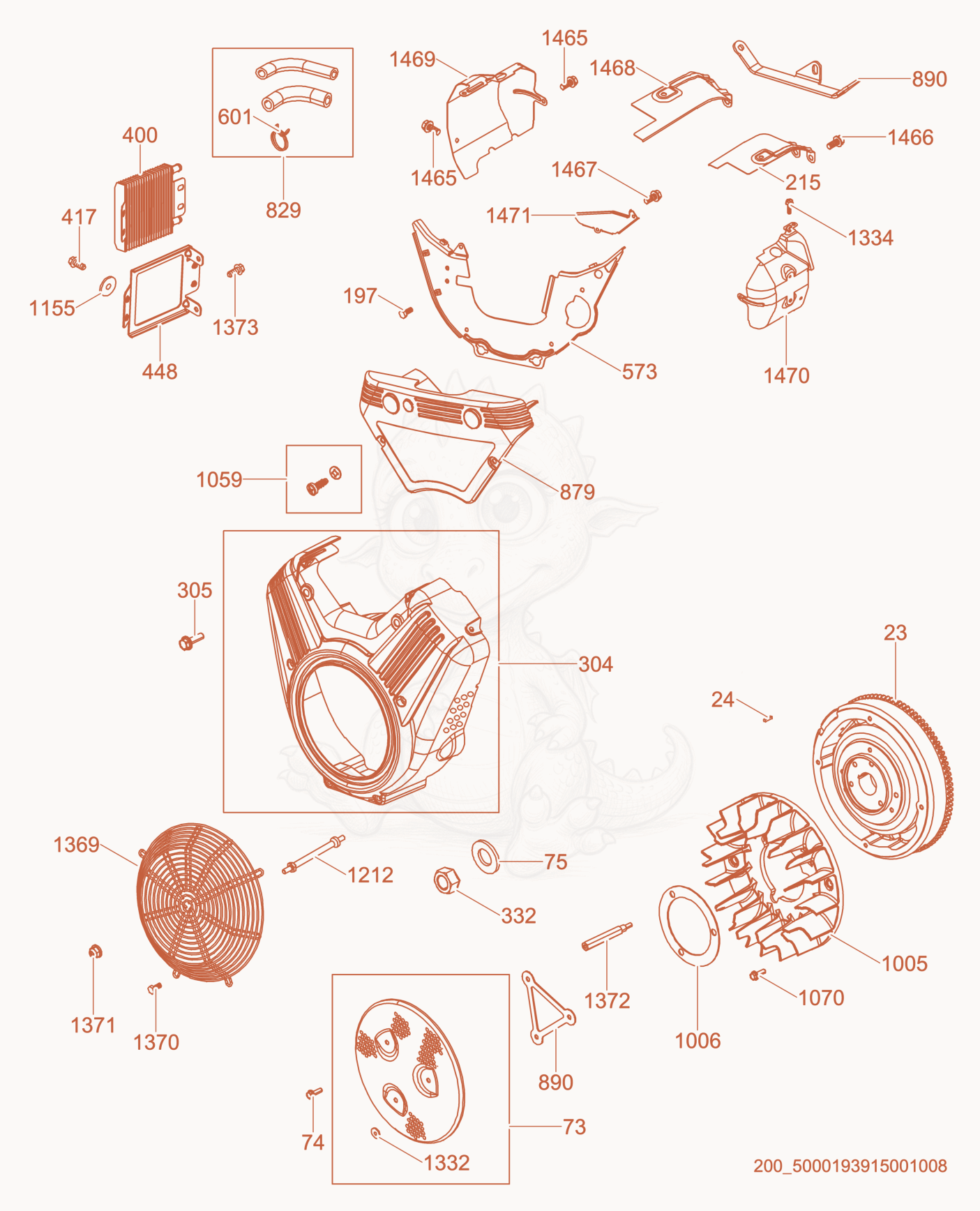 Exploded parts diagram of the Flywheel/Blower Housing of a Wacker Neuson CRT48-35V, with numbered balloons