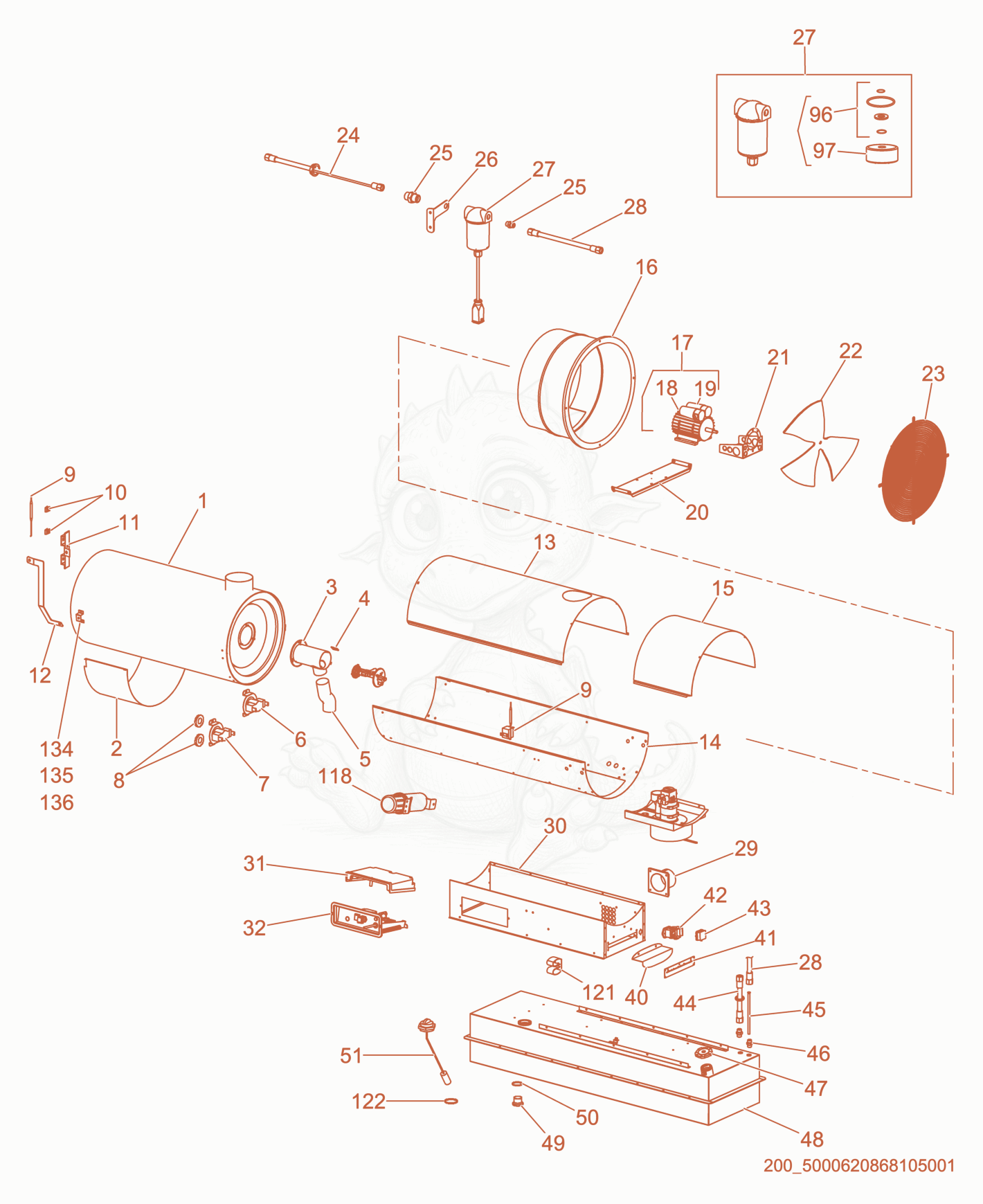 Despiece del Heater de una máquina Wacker Neuson HI400HDD, con globos numerados
