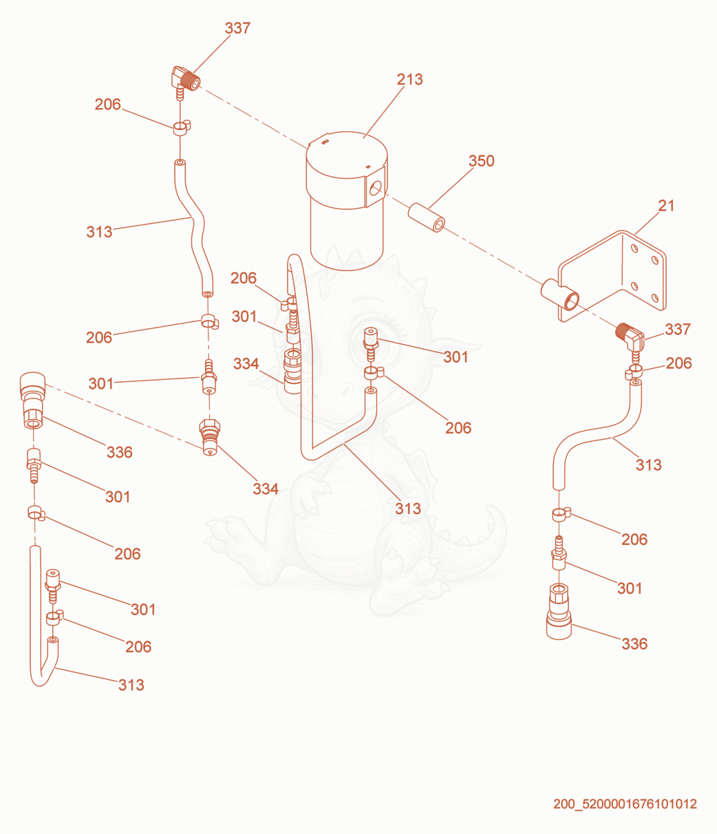 Exploded parts diagram of the Hydronic Piping cpl. of a Wacker Neuson E1100, with numbered balloons