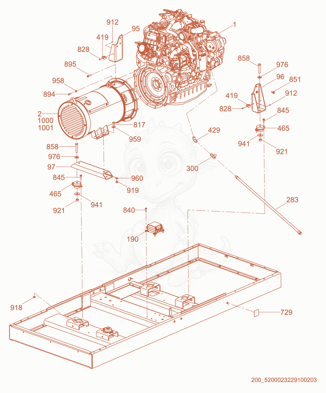 Exploded parts diagram of the Generator/Engine of a Wacker Neuson G100, with numbered balloons