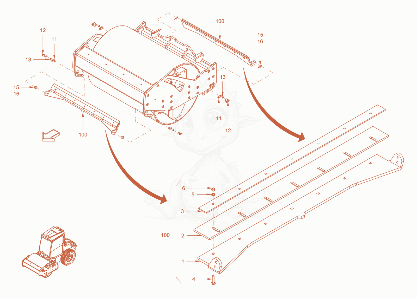 Exploded parts diagram of the scraper smooth roller drum of a Wacker Neuson RC50DPFROPS, with numbered balloons