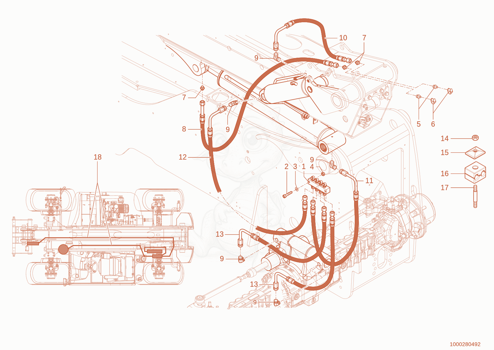 Exploded parts diagram of the lubrication line of a Wacker Neuson TH744(416-12), with numbered balloons