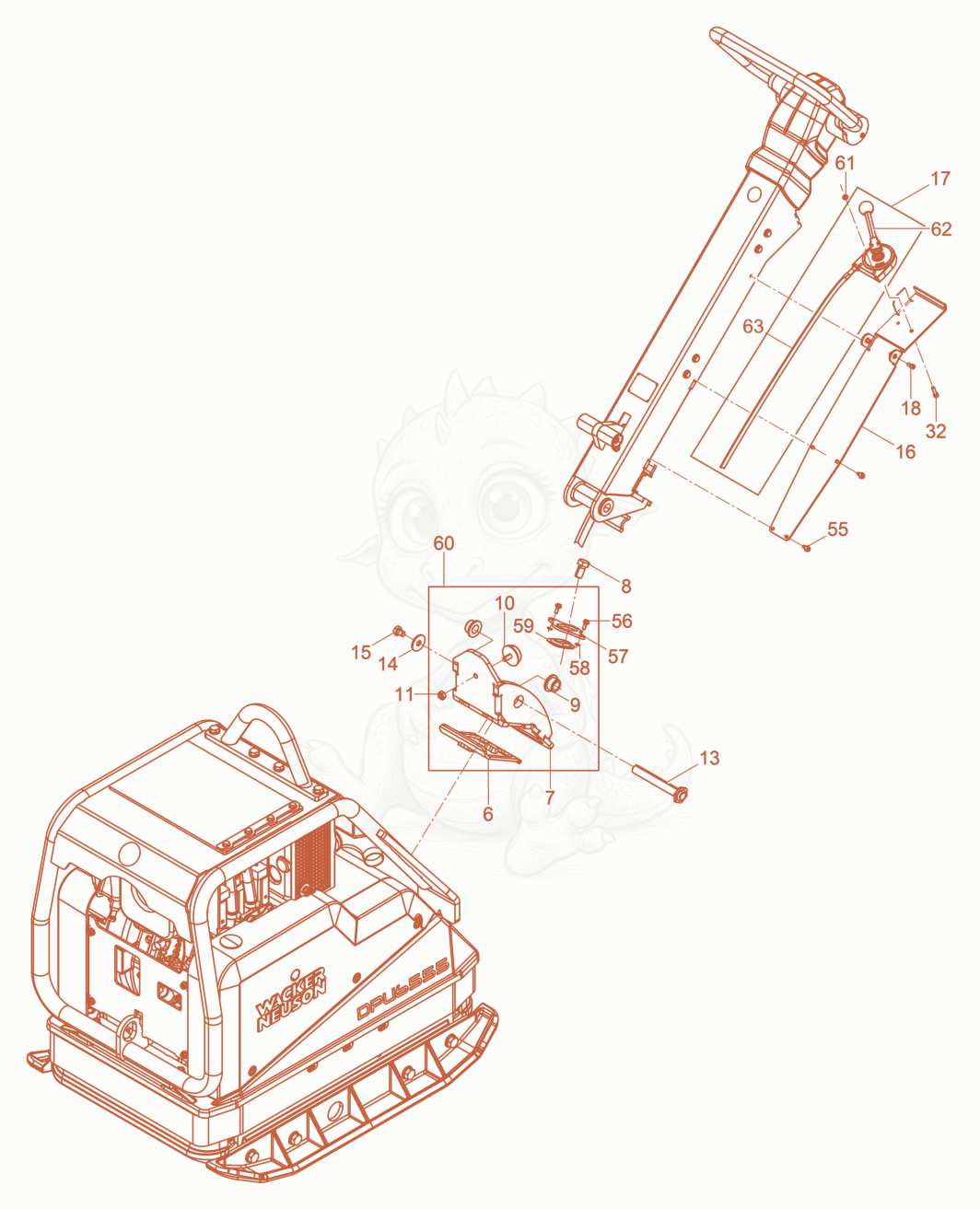 Exploded parts diagram of the Vibration Plate of a Wacker Neuson DPU6555HEHAP, with numbered balloons
