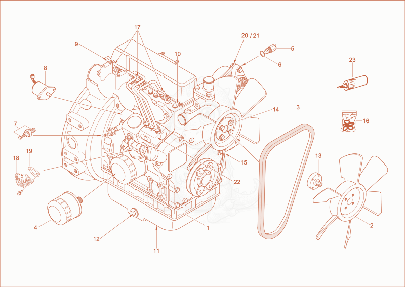 Exploded parts diagram of the diesel engine of a Wacker Neuson 1403RD, with numbered balloons