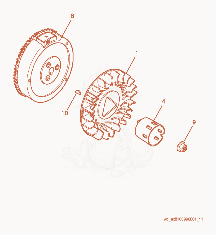 Despiece del Flywheel de una máquina Wacker Neuson GP5600A, con globos numerados