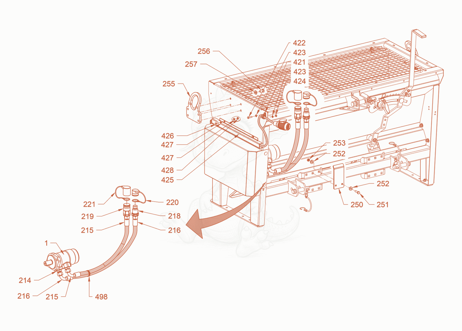 Exploded parts diagram of the chip spreader of a Wacker Neuson RD40-130.3, with numbered balloons