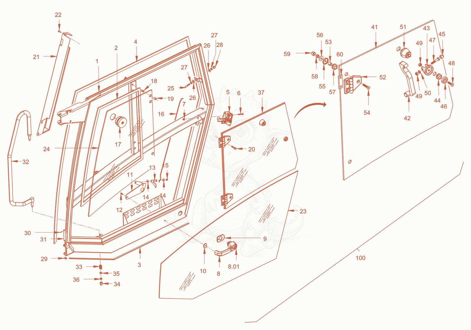 Exploded parts diagram of the driver's cabin of a Wacker Neuson RC110PUSROPS, with numbered balloons
