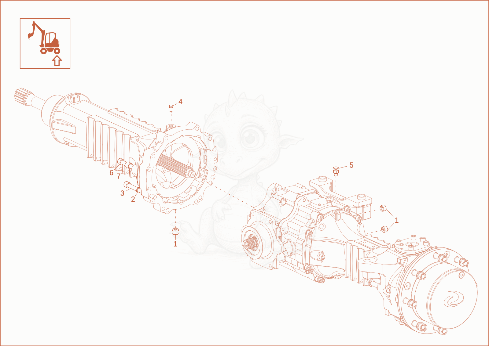 Exploded parts diagram of the rigid axle of a Wacker Neuson EW65, with numbered balloons