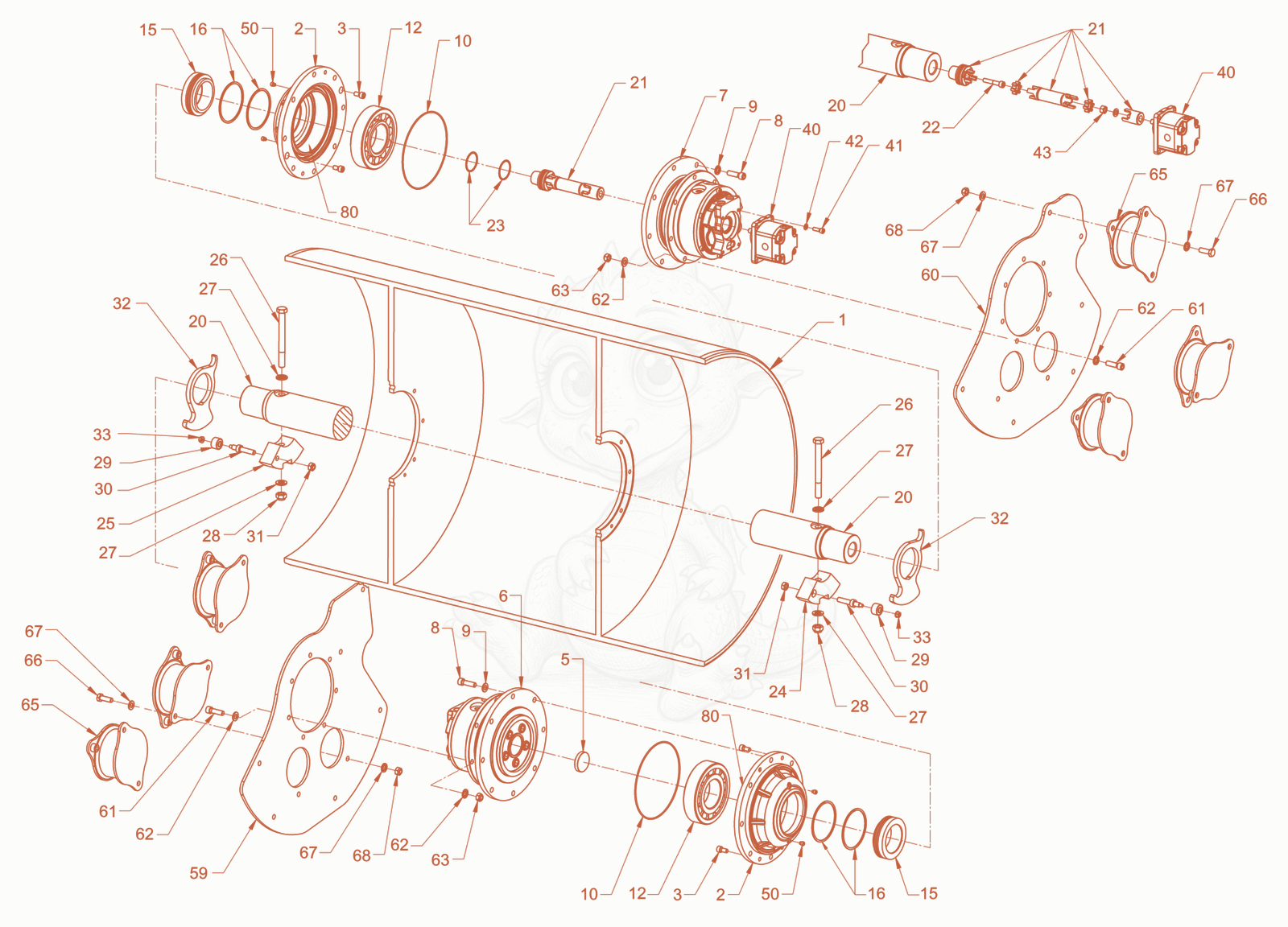 Exploded parts diagram of the smooth roller drum with vibrator of a Wacker Neuson RD40-130.3, with numbered balloons