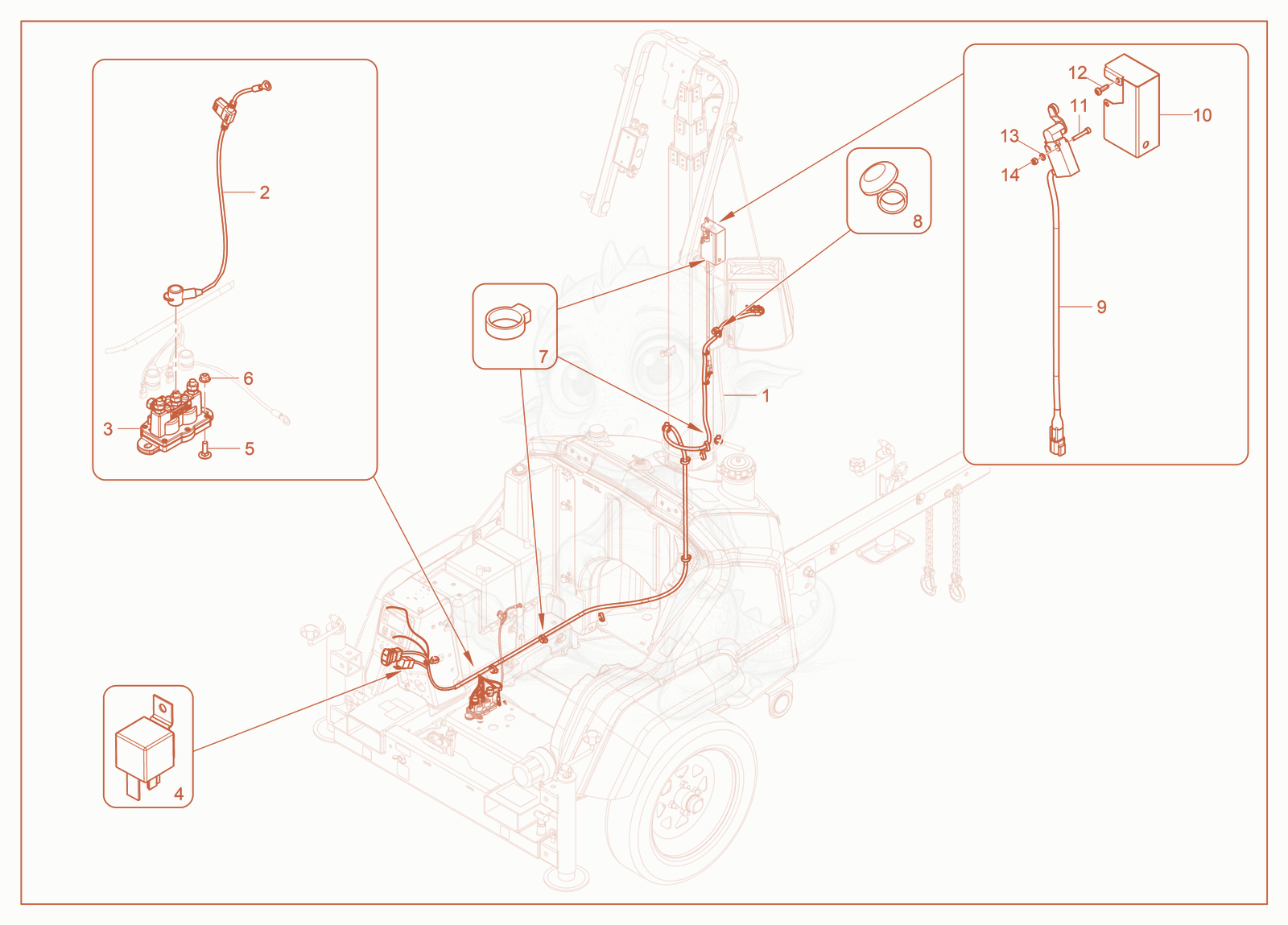 Exploded parts diagram of the Wiring Harness/Power Winch of a Wacker Neuson LTT4, with numbered balloons