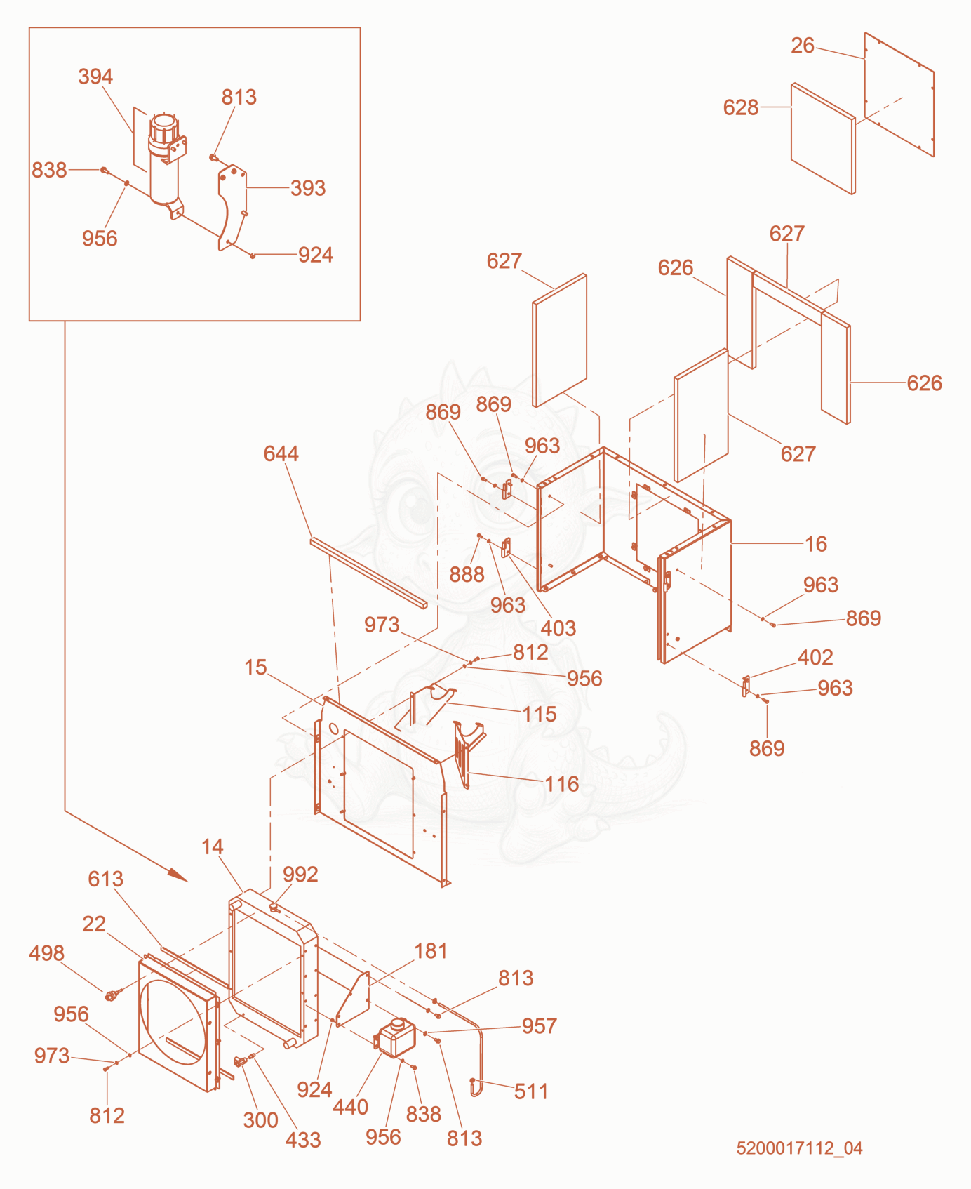 Exploded parts diagram of the Front Enclosure/Radiator of a Wacker Neuson G25, with numbered balloons