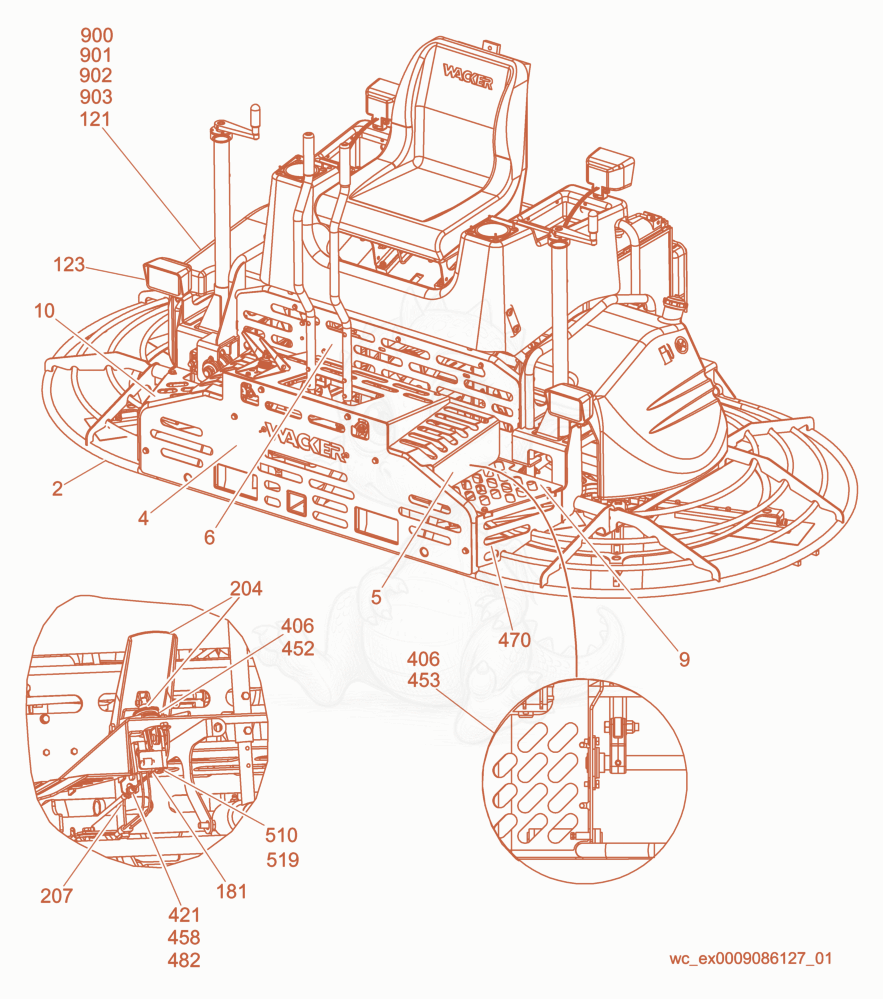 Exploded parts diagram of the Machine cpl./Front View/Lights/Guards of a Wacker Neuson CRT48-31V-H, with numbered balloons