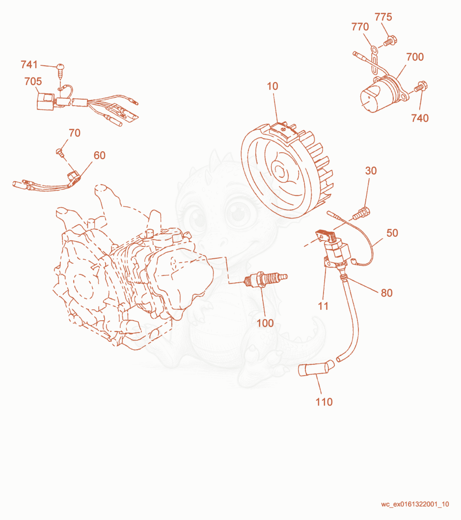 Exploded parts diagram of the Flywheel/Ignition Coil of a Wacker Neuson PDI2, with numbered balloons