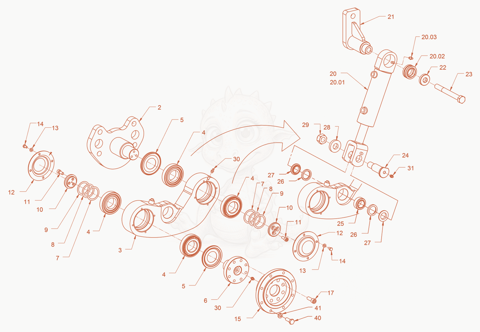 Exploded parts diagram of the edge pressing and cutting device of a Wacker Neuson RD45-140O, with numbered balloons