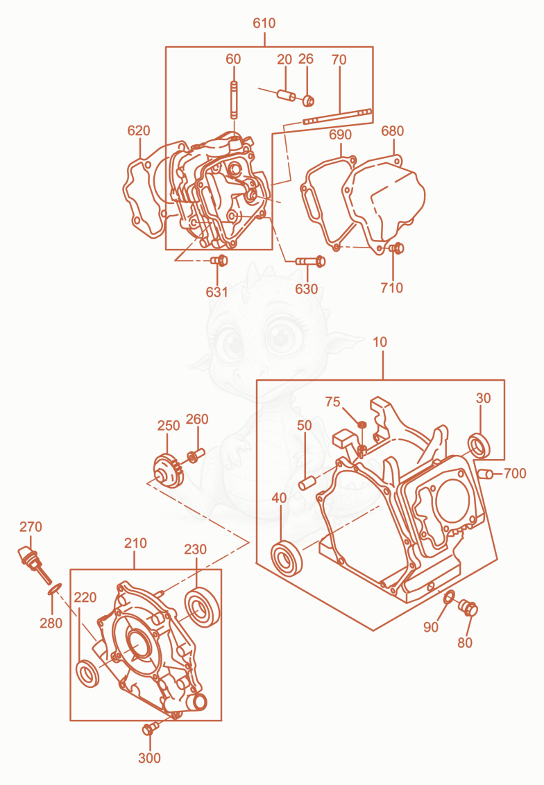 Despiece del Crankcase de una máquina Wacker Neuson BPU3050, con globos numerados