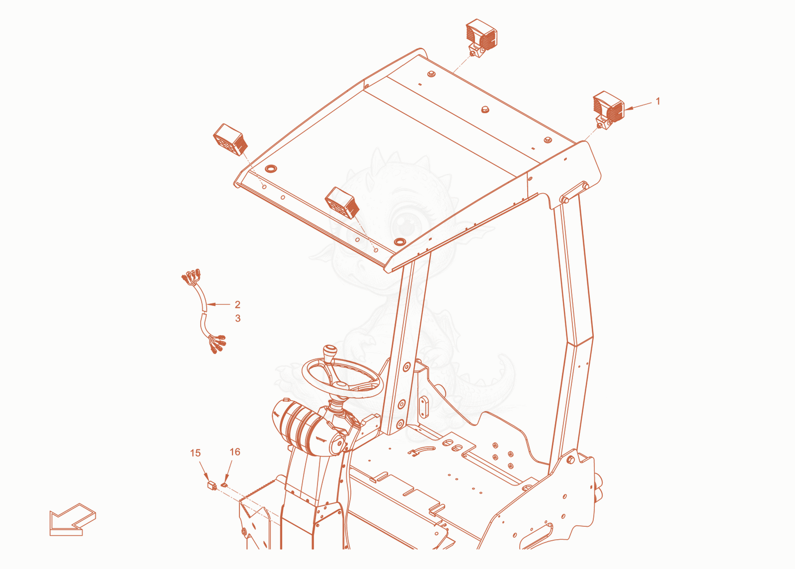 Exploded parts diagram of the additional lighting of a Wacker Neuson RD45-140.3, with numbered balloons