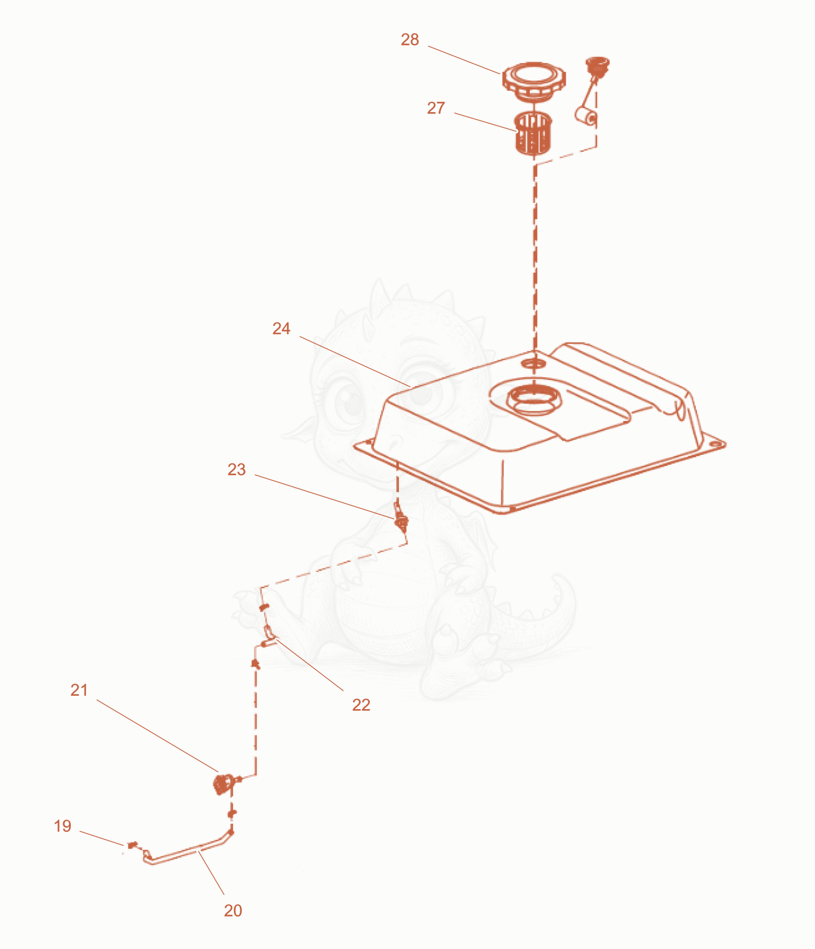 Exploded parts diagram of the Fuel tank cpl. of a Wacker Neuson GB3000GCE, with numbered balloons
