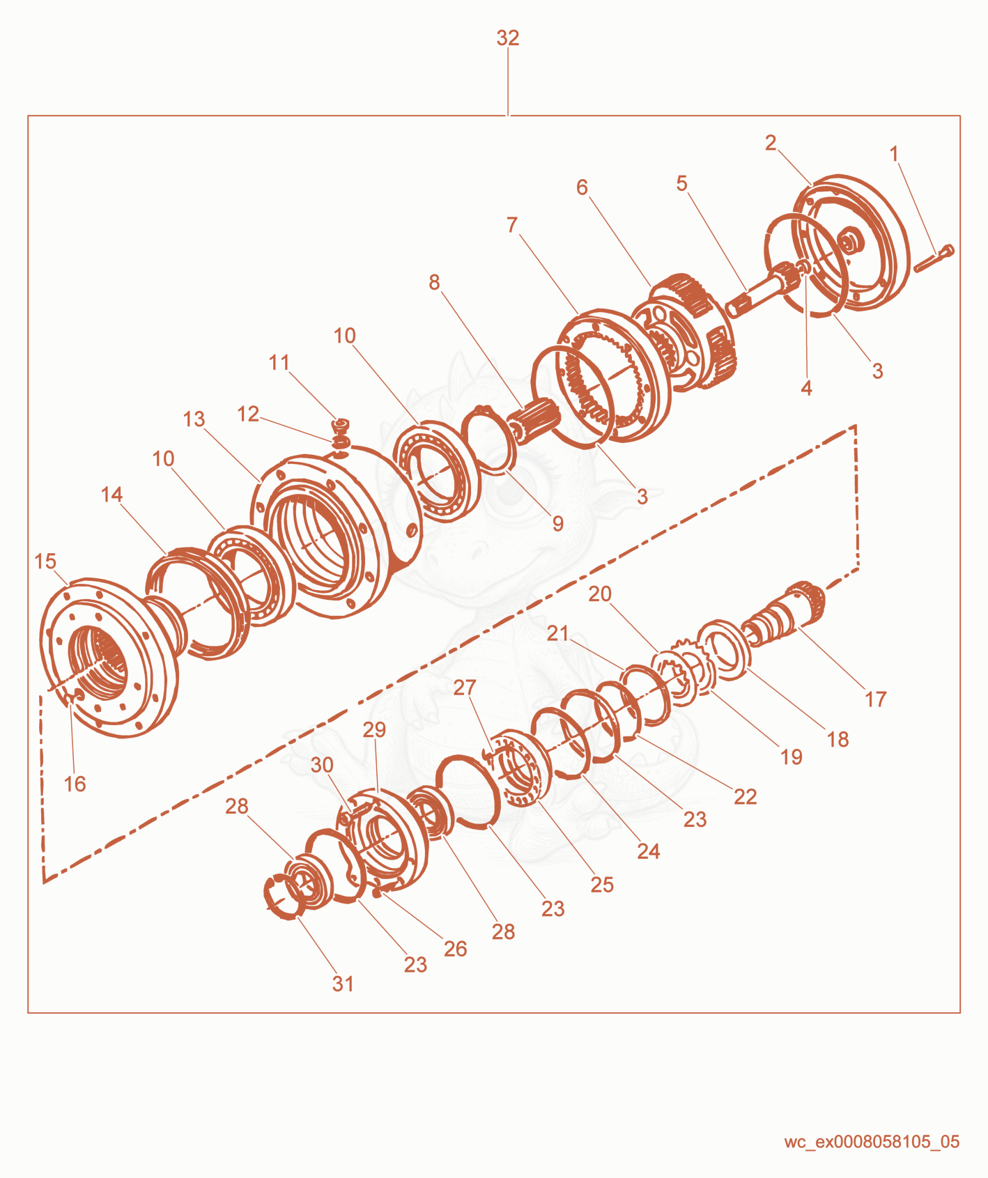 Exploded parts diagram of the Driving Drum Reduction Gear of a Wacker Neuson RD25, with numbered balloons