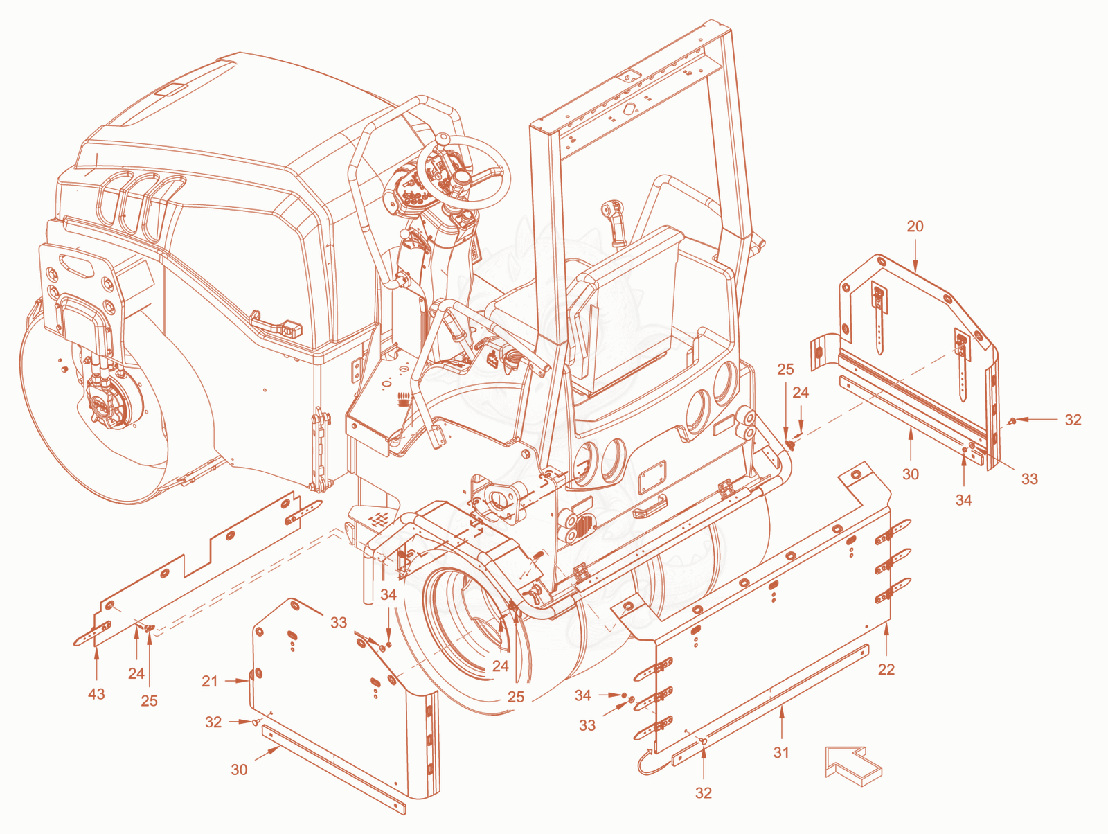 Exploded parts diagram of the thermal aprons of a Wacker Neuson RD24-100E, with numbered balloons