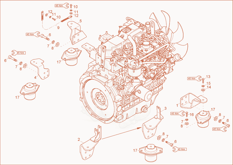 Despiece del Engine bedding de una máquina Wacker Neuson 50Z3, con globos numerados