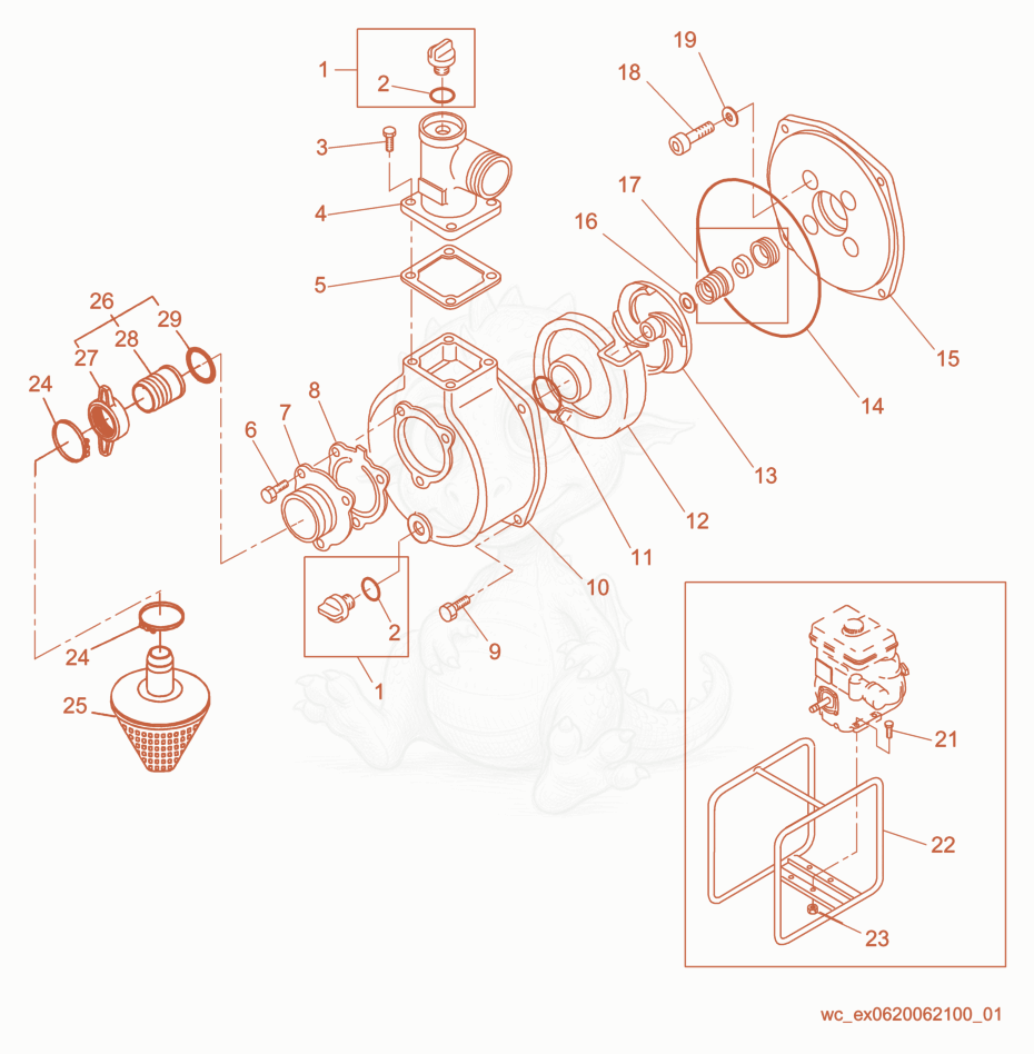 Despiece del Pump Components de una máquina Wacker Neuson PG2TA, con globos numerados