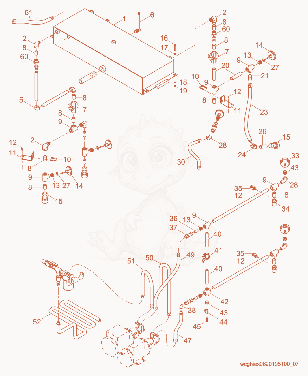 Exploded parts diagram of the Reservoir/Piping of a Wacker Neuson E700M, with numbered balloons