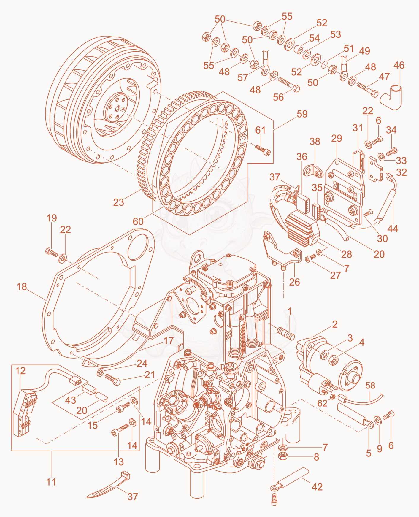 Despiece del Starter-Generator de una máquina Wacker Neuson DPU6555HEAP, con globos numerados
