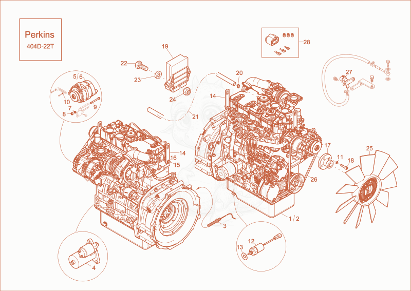 Despiece del diesel engine de una máquina Wacker Neuson EW65, con globos numerados