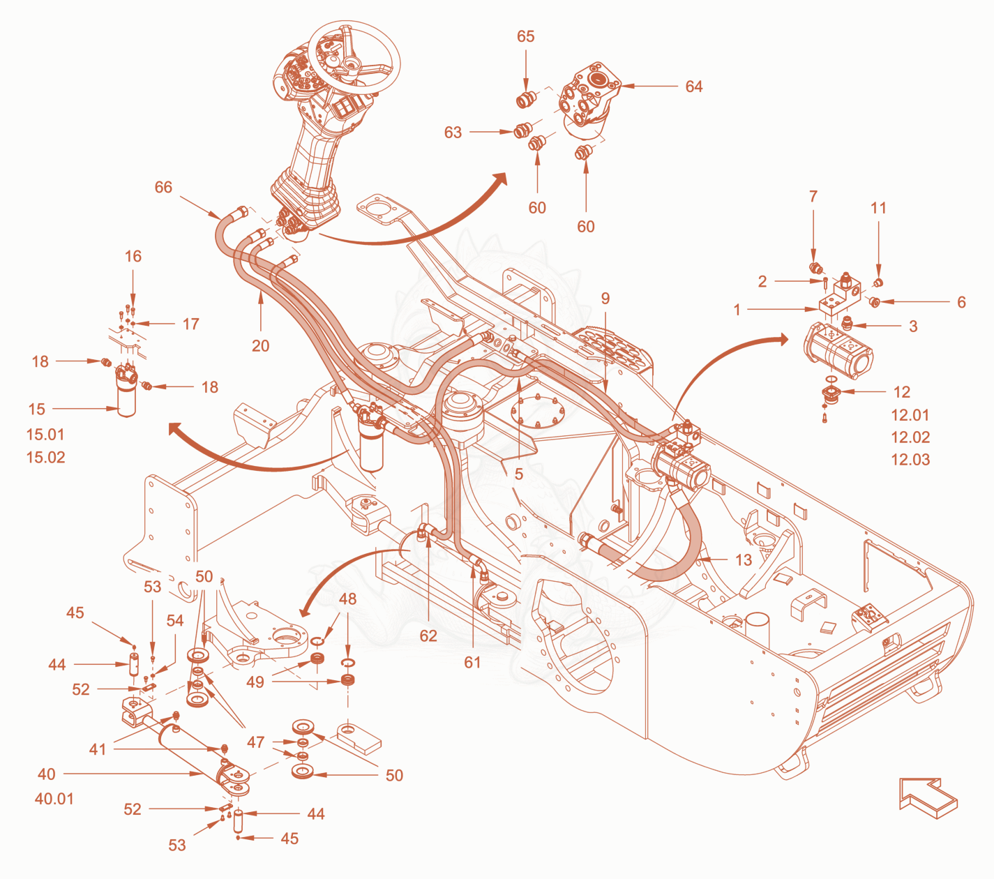 Exploded parts diagram of the steering of a Wacker Neuson RC70PDPFCAB, with numbered balloons