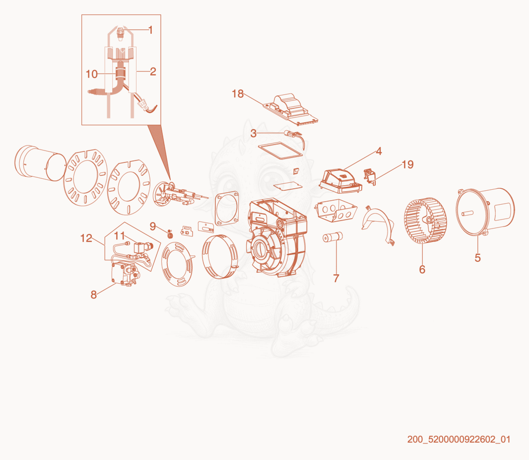 Exploded parts diagram of the Burner cpl. of a Wacker Neuson E5000, with numbered balloons
