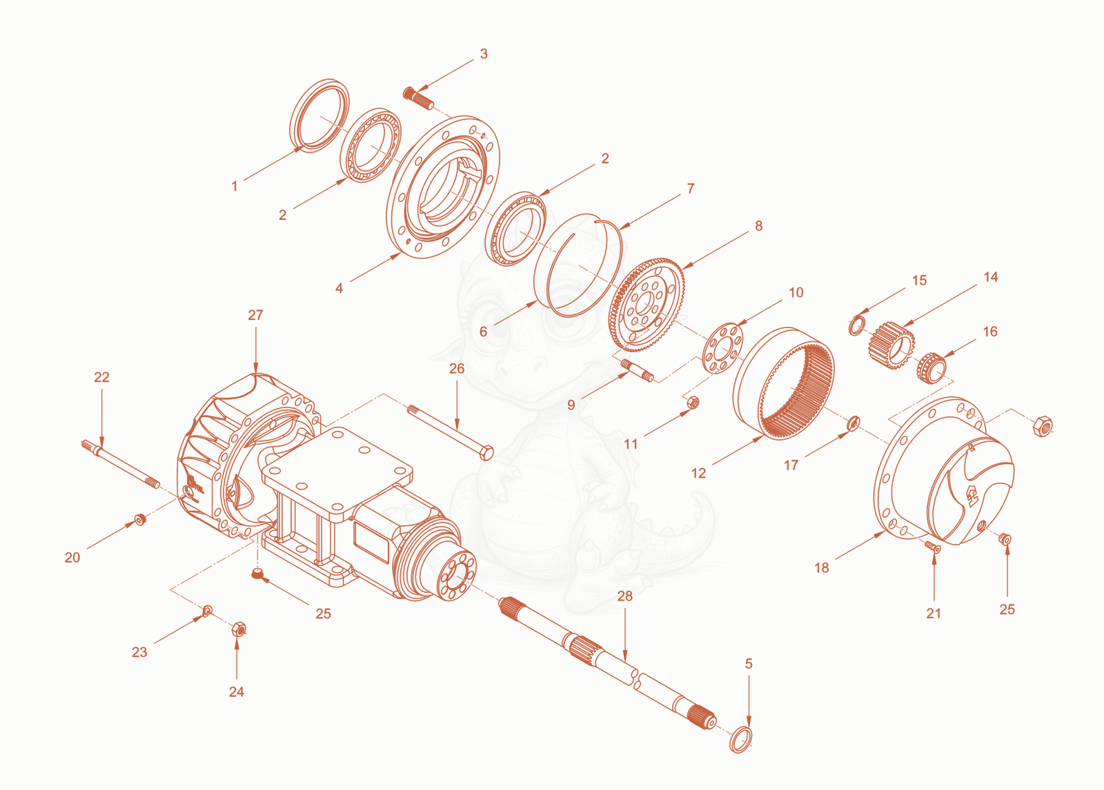 Exploded parts diagram of the axle of a Wacker Neuson RC110CAB, with numbered balloons