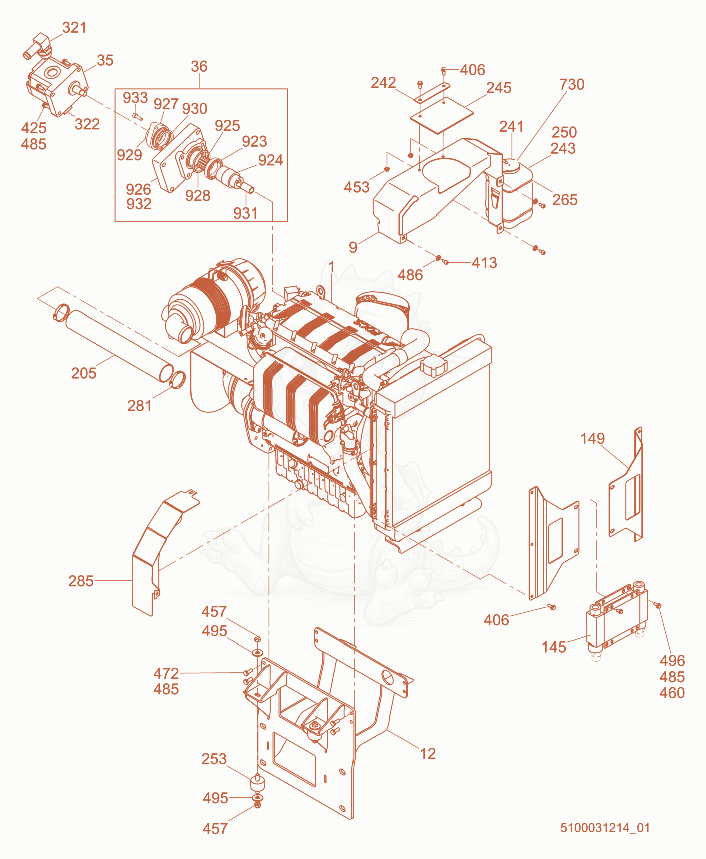 Exploded parts diagram of the Engine Compartment of a Wacker Neuson CRT48-35L-PSEU, with numbered balloons
