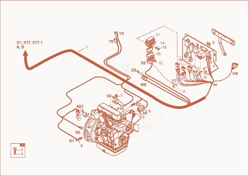 Exploded parts diagram of the wiring harness engine of a Wacker Neuson 1403RD, with numbered balloons