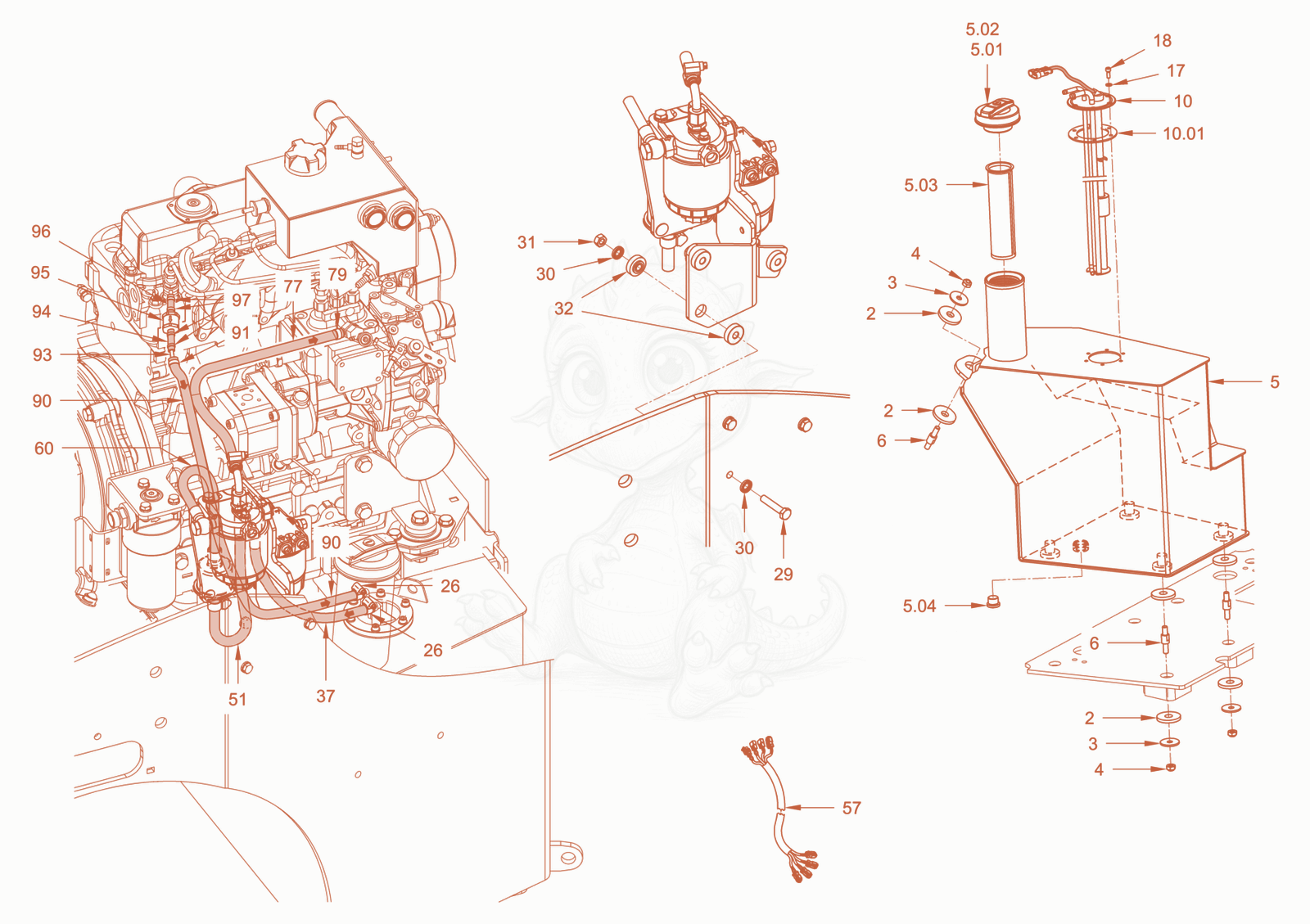 Exploded parts diagram of the fuel system of a Wacker Neuson RD24-100.3, with numbered balloons