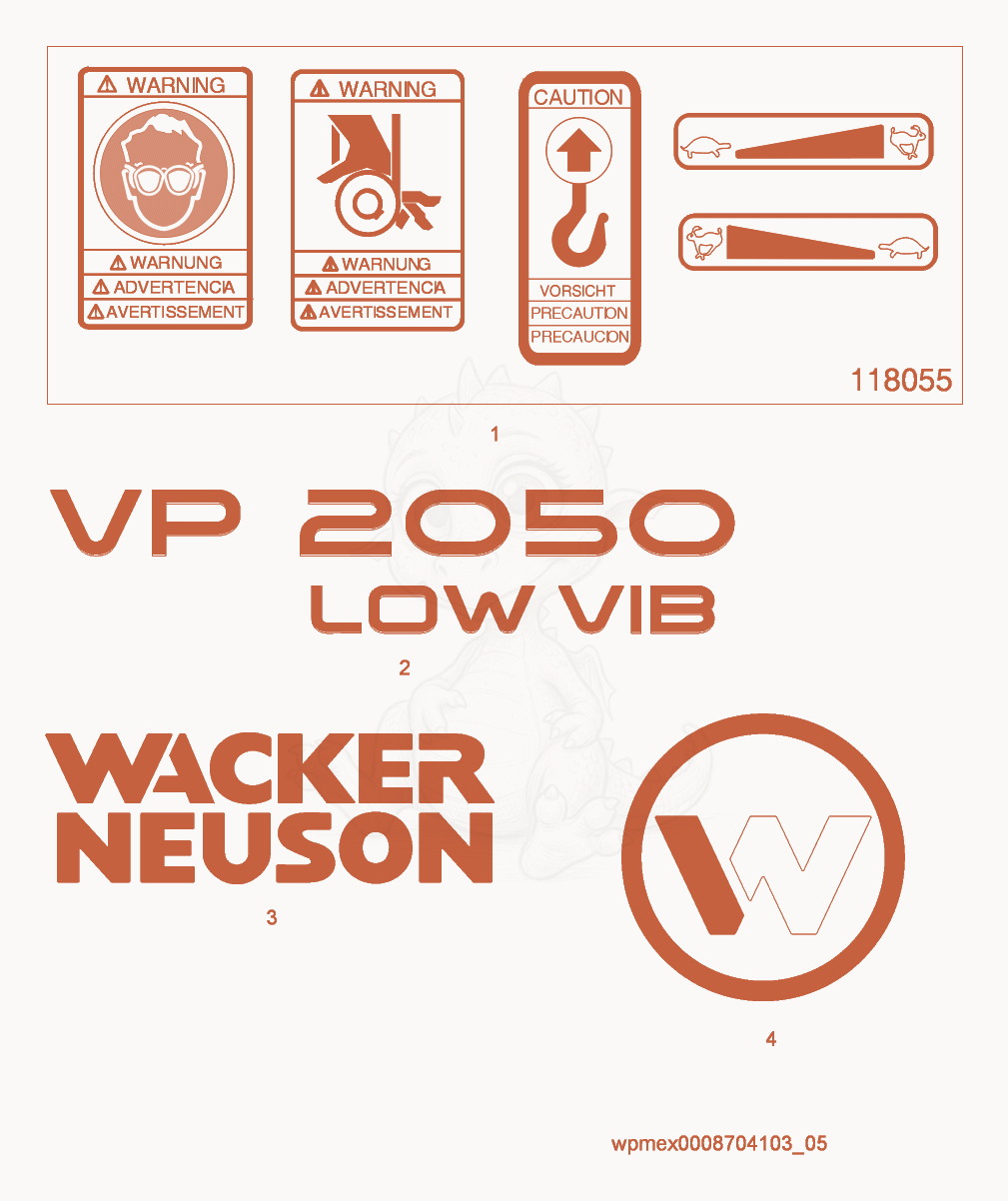 Exploded parts diagram of the Labels of a Wacker Neuson VP2050AW, with numbered balloons