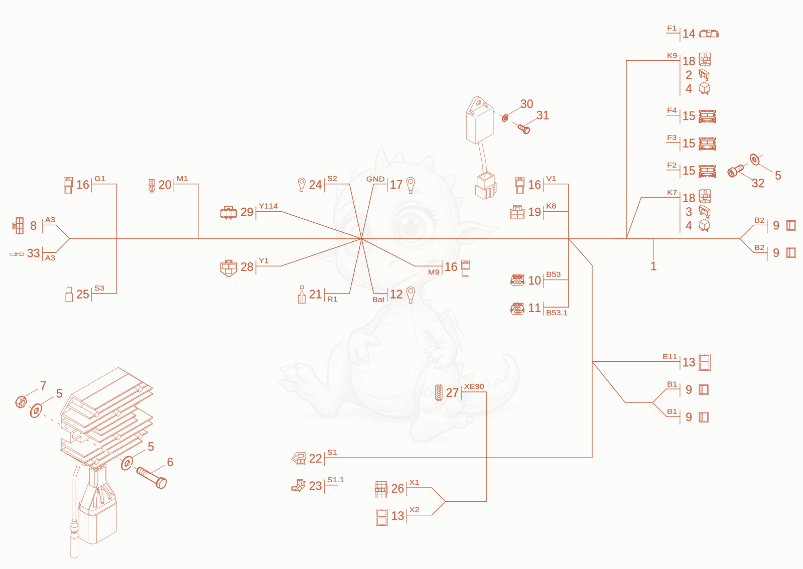Exploded parts diagram of the WIRE HARNESS CHASSIS, ENGINE of a Wacker Neuson 803-2, with numbered balloons