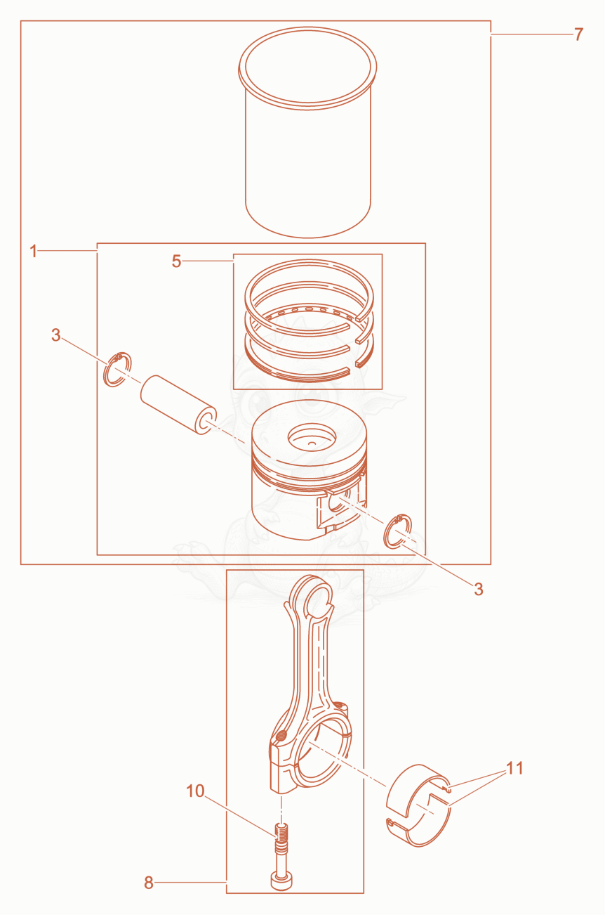 Exploded parts diagram of the Piston, Connecting rod,Cylinder of a Wacker Neuson DPU3750HETS, with numbered balloons