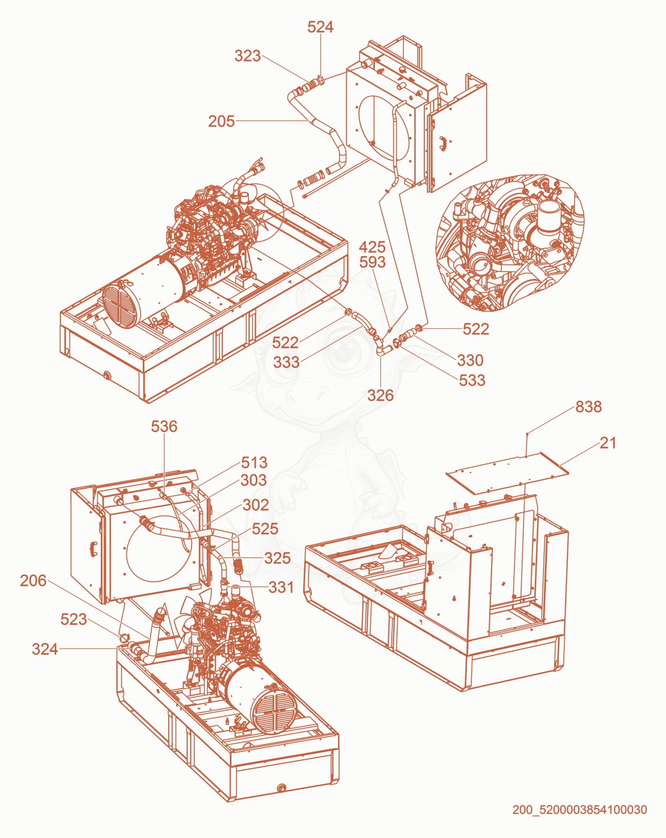 Exploded parts diagram of the Radiator Hoses of a Wacker Neuson G100, with numbered balloons