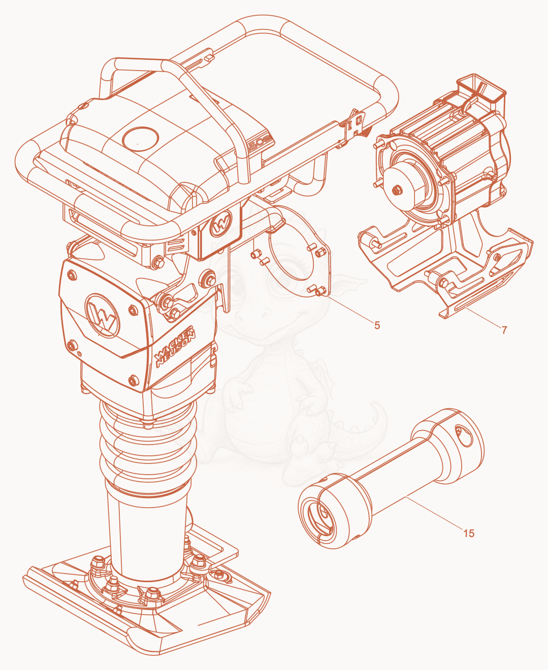 Exploded parts diagram of the Rammer cpl. of a Wacker Neuson AS60E, with numbered balloons