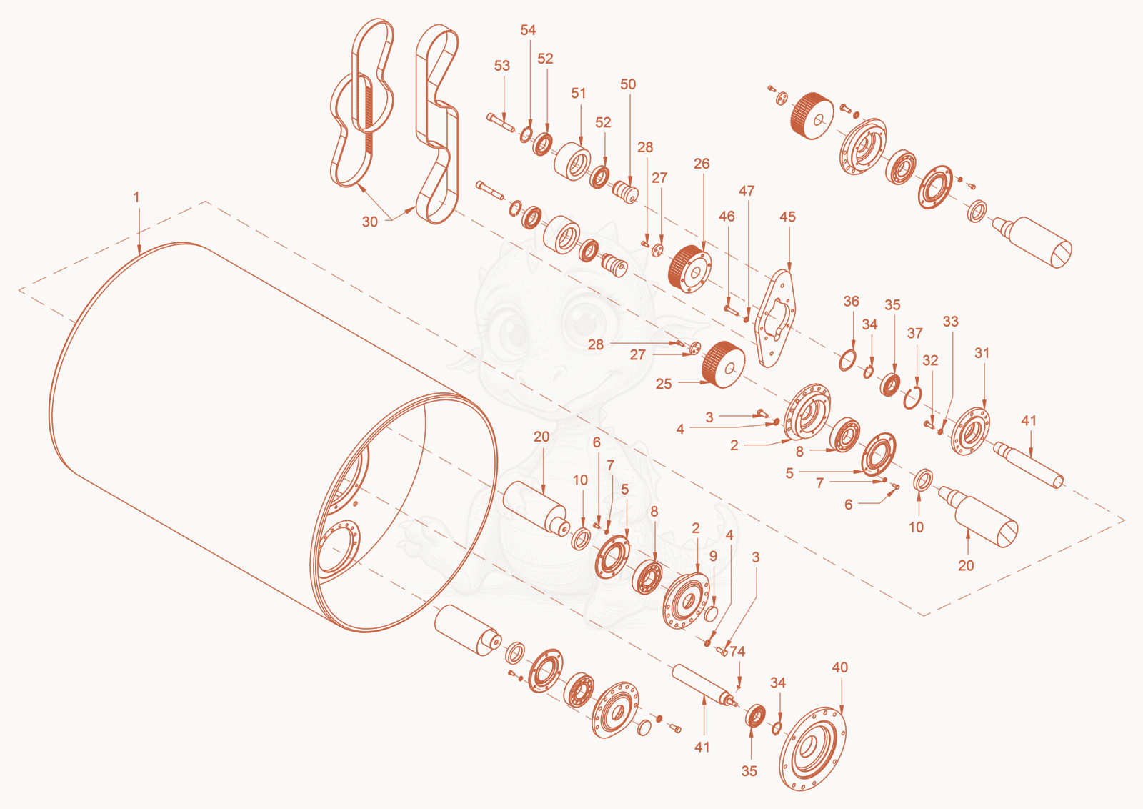Exploded parts diagram of the smooth roller drum with oscillator of a Wacker Neuson RD40-130O, with numbered balloons
